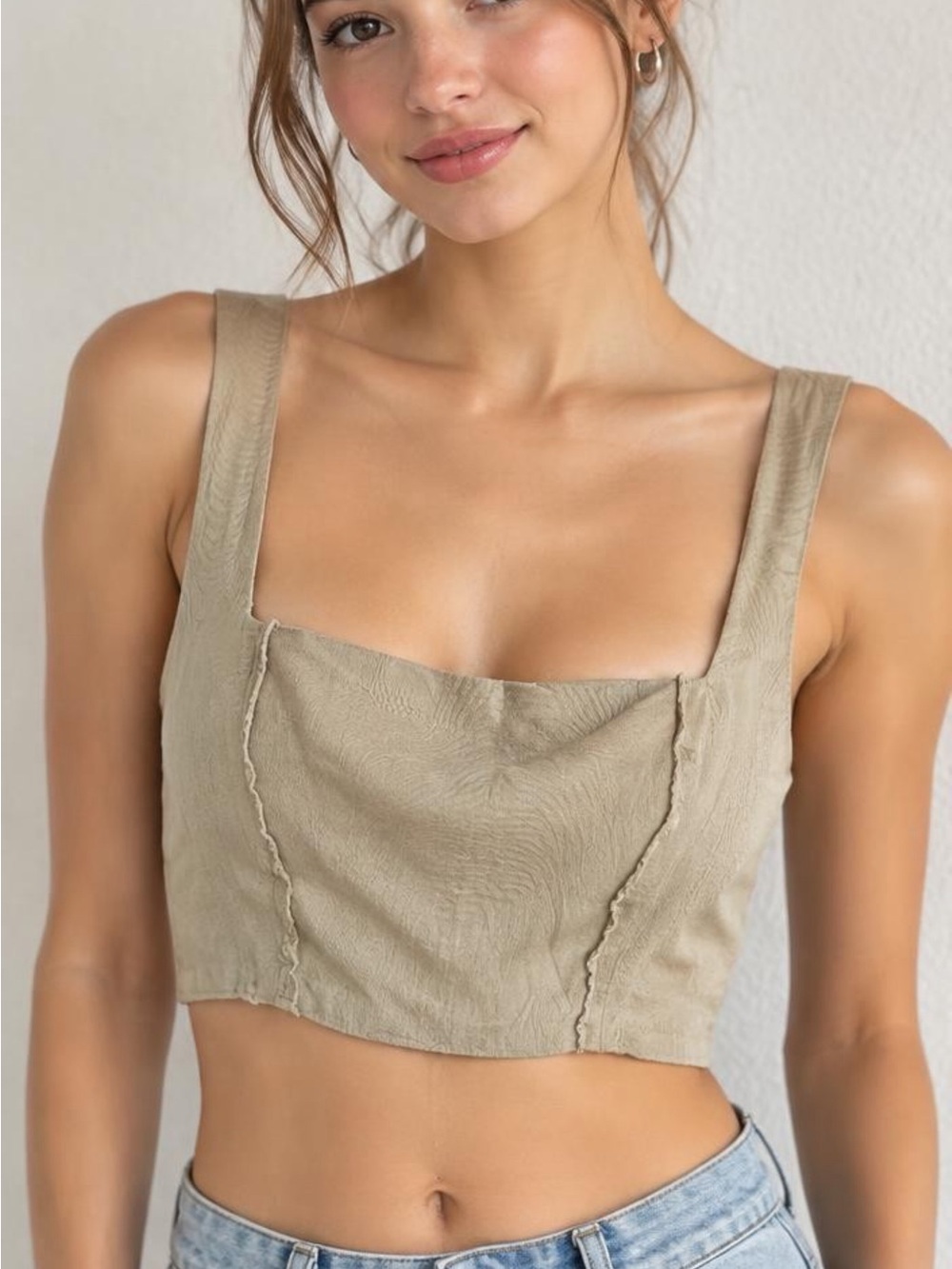 Topshop Super Crop Top Wimens Sz 8 Light Green Linen & Cotton Back Zip